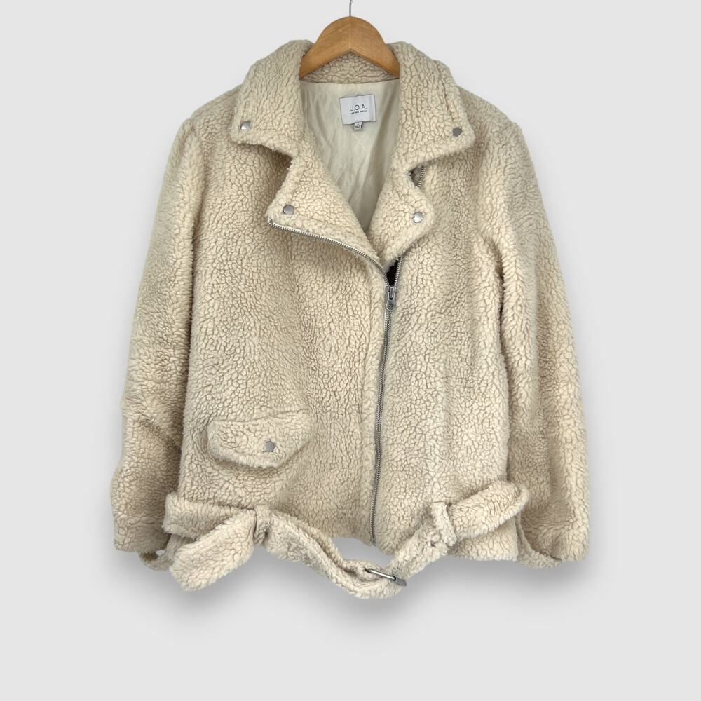 JOA Faux Shearling Teddy Jacket Beige Sherpa Moto Coat Women’s Small